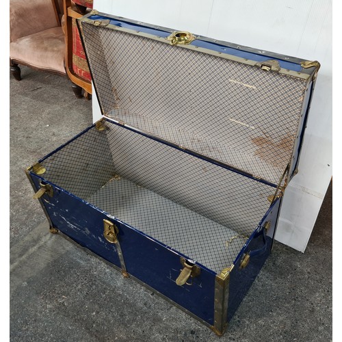 635 - Large vintage blue  trunk with iron banding