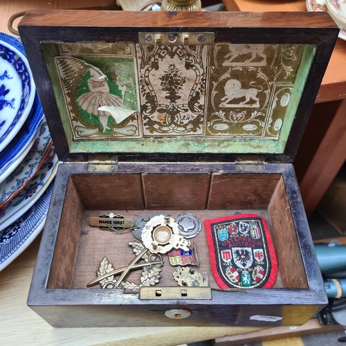 344 - Lovely wooden box with a selection of medals and badges inside look at other images.