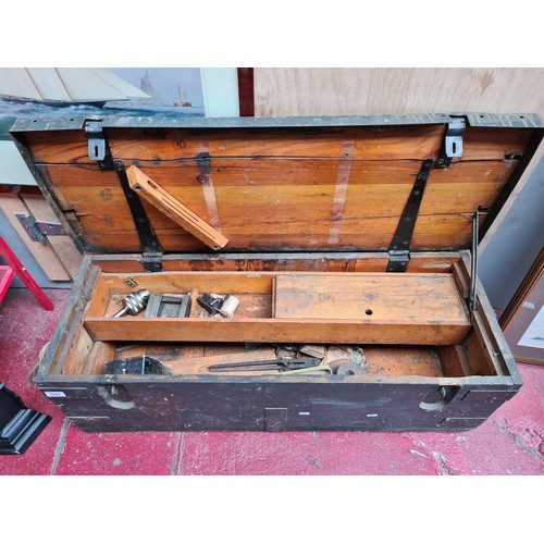 90 - Large, antique wooden craftsman's box. With metal latches and finishings. Nicely aged.