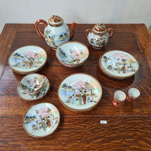 596 - Large Chinese tea set inc tea and coffee pots and plates. 17 Items