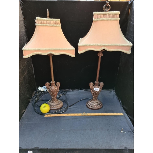 338 - Pair of classical vase shaped lamps with pink satin shades.