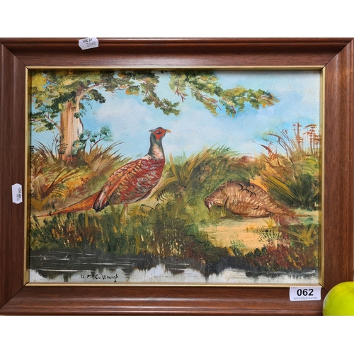 62 - D. McCullough, original oil on board of Pheasants by a stream. Signed.