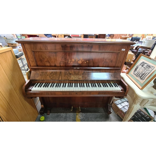 621 - Graham & Co. London upright piano. Pretty floral inlay on the front panel and lovely wood figure all... 
