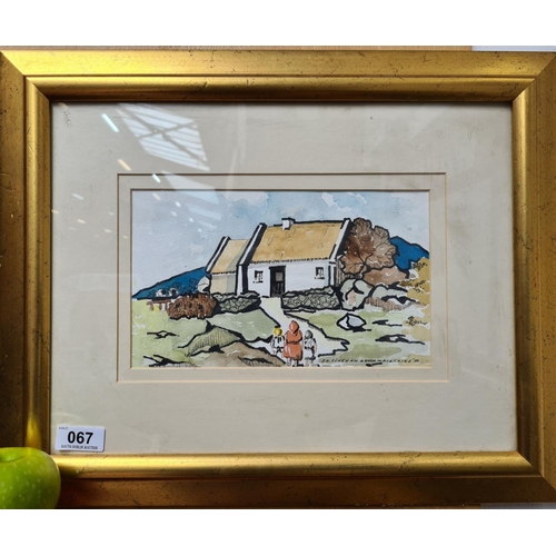 67 - P. M. Binghan. Original watercolour and ink of three children in front of a cottage.