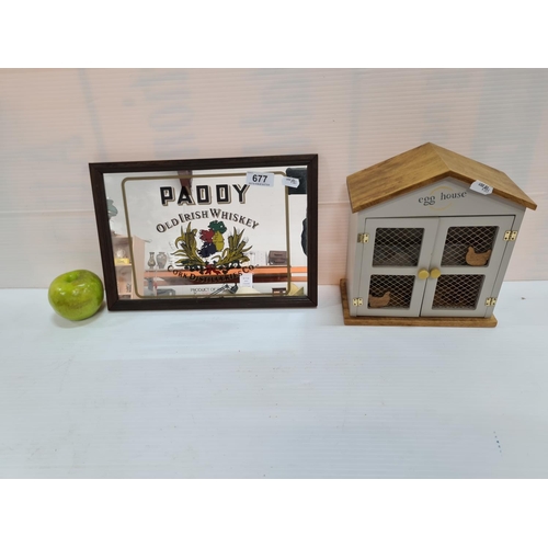 677 - Egg house and Paddy Old Irish whiskey mirror advertisement.