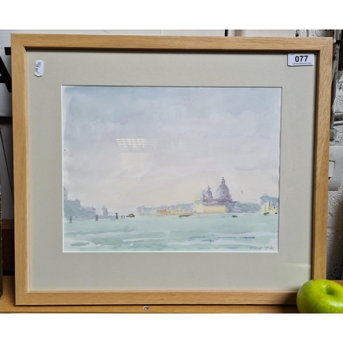 77 - Watercolour of a Mediterranean harbour with a domed cathedral in the distance. Signed and dated (05.... 