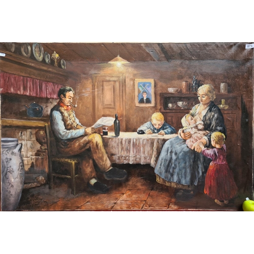 79 - Large original oil on canvas. Signed by the artist. Shows Irish-American family scene with a portrai... 