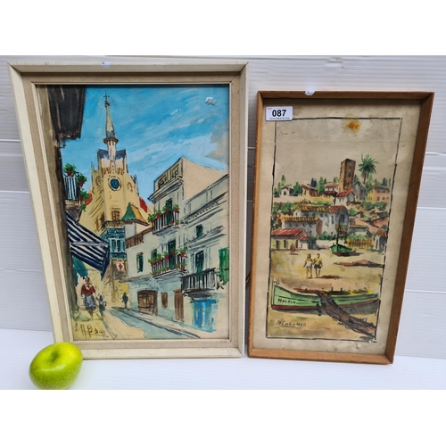 87 - Pair of original watercolours of Mediterranean towns. Signed A. Baur and H. Calumer, respectively.