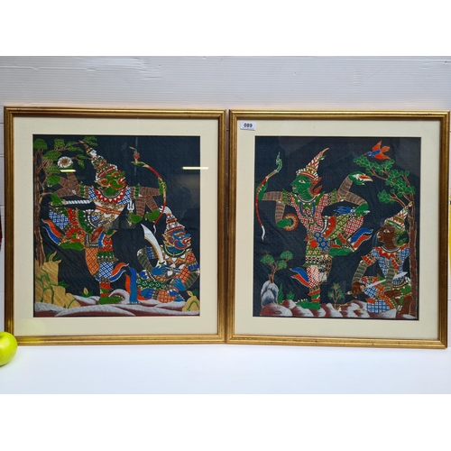 89 - Pair of traditional Indo-Asian oils on woven fabric. Both signed by artist 'NOK'. Wonderfully bright... 