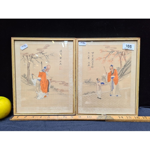105 - Vintage pair of original Chinese watercolour Confucian figures painted on rice paper. 8 x 10 inches.