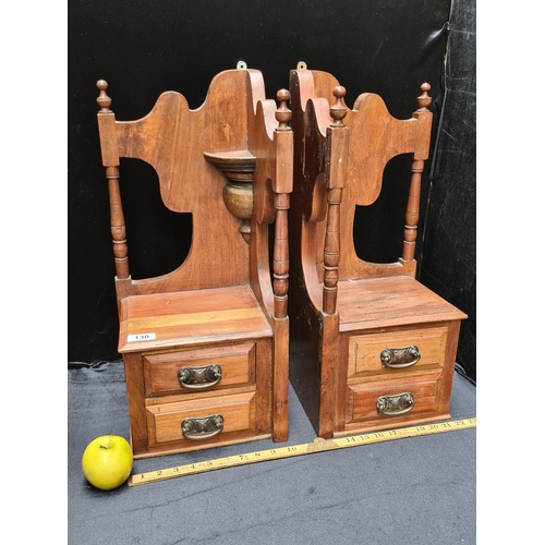 130 - Pair of Edwardian dressing table corner stands with hooks to hang on the wall
