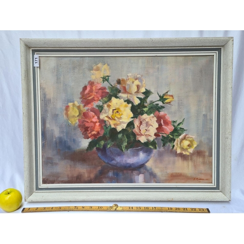 171 - Still life of flowers, oil on canvas. Signed by artist J. Redden. 21.5 x 27 inches. Lovely quality