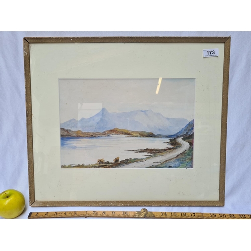 173 - Framed watercolour painting of rural landscape, featuring a mountain, lake and road. Signed O'Connor... 