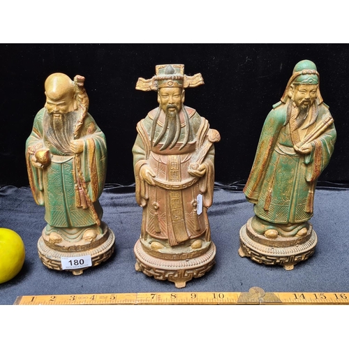 180 - Set of three statues of Confucian-wise people. Each 11 inches (h). Nice looking tall set.