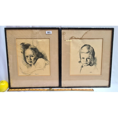 63 - Pair of vintage style prints of young children. Water damage to mounts.  15 x 17 inches.