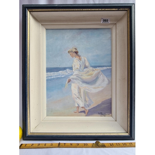 65 - Original oil on board. Lovely pastel tones featuring a lady on a beach. Signed by artist Terry MacMu... 