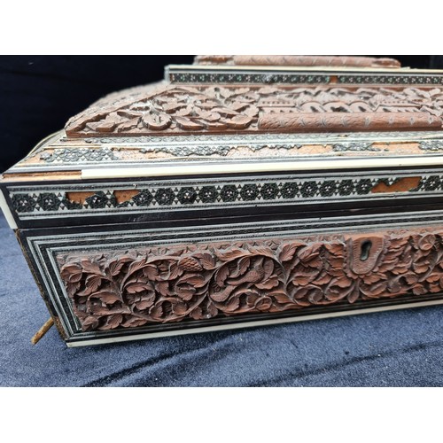 193 - Carved Indo persian sewing / work box with internal compartments and miscellaneous antique  carved b... 