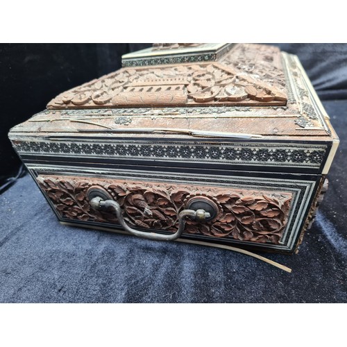 193 - Carved Indo persian sewing / work box with internal compartments and miscellaneous antique  carved b... 