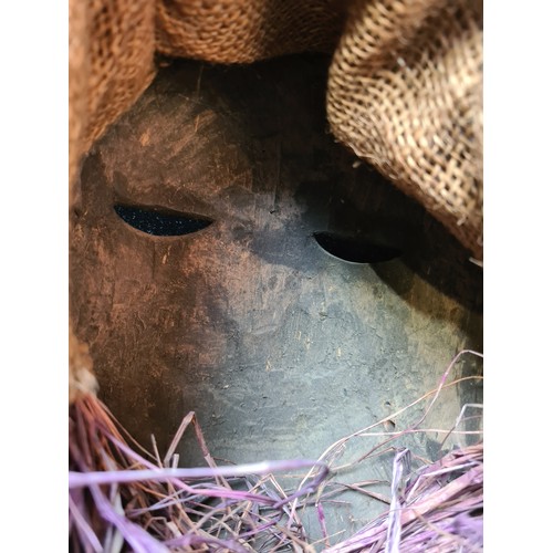 189 - Amazing 19th century original tribal mask headcovering, made from wood, hessian and straw.