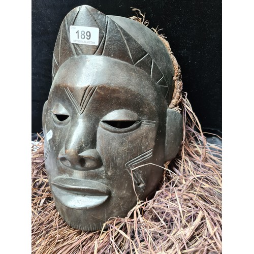 189 - Amazing 19th century original tribal mask headcovering, made from wood, hessian and straw.