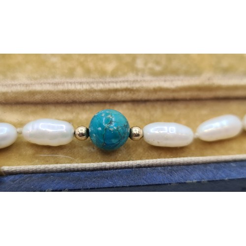 12 - Very pretty long Natural pearl and turquoise necklace.