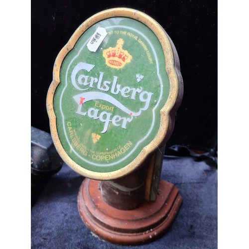 298 - Retro black rotary dial phone and a Carlsberg bar sign and 2 beer tap signs