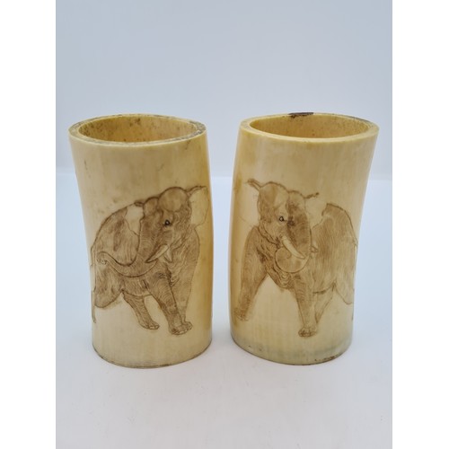 336 - 19th century Ivory Brush pots With African animals carved on both sides, (4 carvings in total) Eleph... 