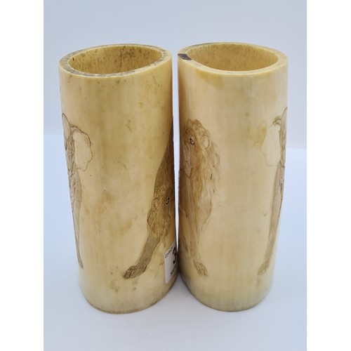 336 - 19th century Ivory Brush pots With African animals carved on both sides, (4 carvings in total) Eleph... 