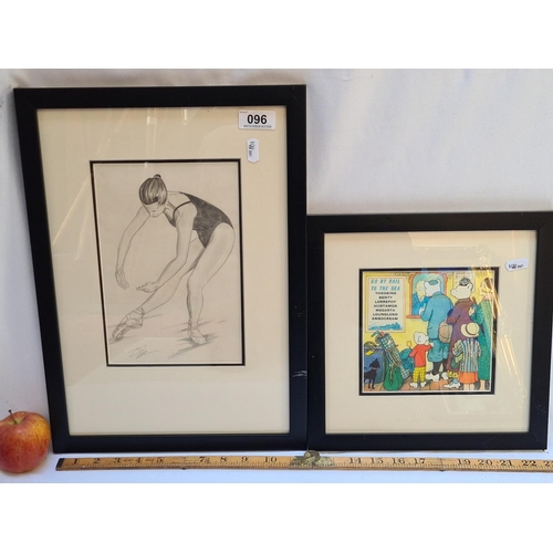 96 - Graphite drawing of a ballerina by 'Ziggi' and a print of a Rupert Bear scene.