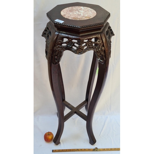 97 - Tall, antique carved Chinese plant stand with pink marble inlay and beautiful floral decorative carv... 