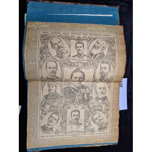 119 - Antique scrap book belonging to Zara White, which contains newspaper cuttings from 1899.