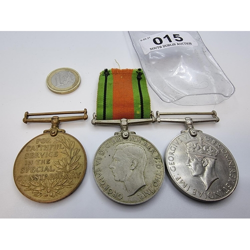 15 - Three presentation medals, one 1939-45 WWII medal. One 1939-45 Defense medal. One Special Constabula... 