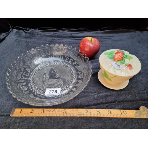 278 - Queen Victoria Royal Jubilee glass dish, 1887, and a Beswick England preserve dish with strawberry d... 