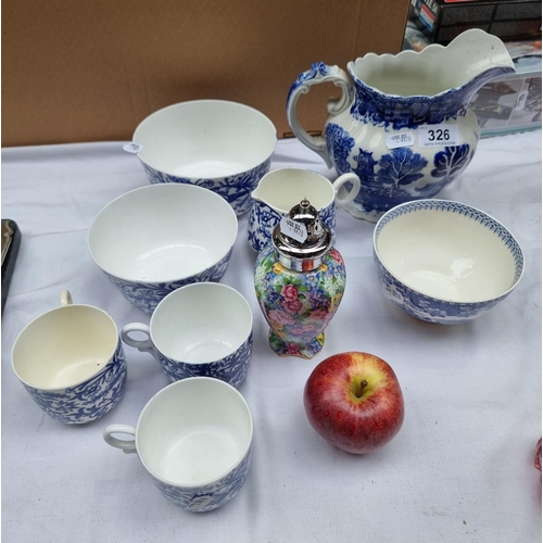 326 - Selection of Blue and White ware and a nice chintz Sugar castor