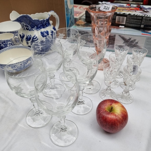 328 - A set of 6 Waterford crystal liqueur glasses and 6 other Crystal glasses and a retro pink glass vase... 