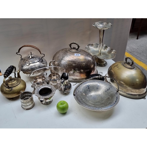 470 - 10 Silver Plated, Brass and Epns items including tea pots, jugs and meat domes. Includes an interest... 