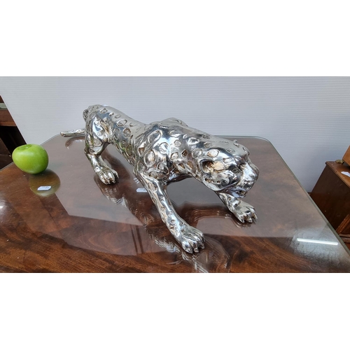 485 - A Large Heavy Silver Toned Leopard, 70cm Long.