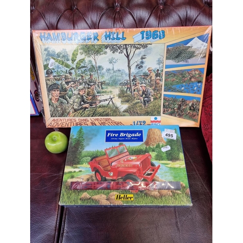 495 - Hamburger Hill 1968 337 piece kit with soldiers and a Heller Fire Brigade Jeep. New Old Stock