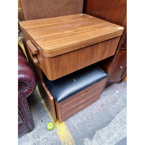 499 - A 1960s  Pop Up Sewing Machine Table, with Match Stool with 3 drawer storage. (No Machine). Cut-out ... 