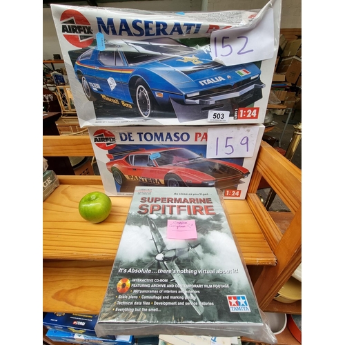 503 - 3 items including Spitfire Flight Simulator and 2 Airfix Car Models, 1/24 scale Maserati Bora and De... 