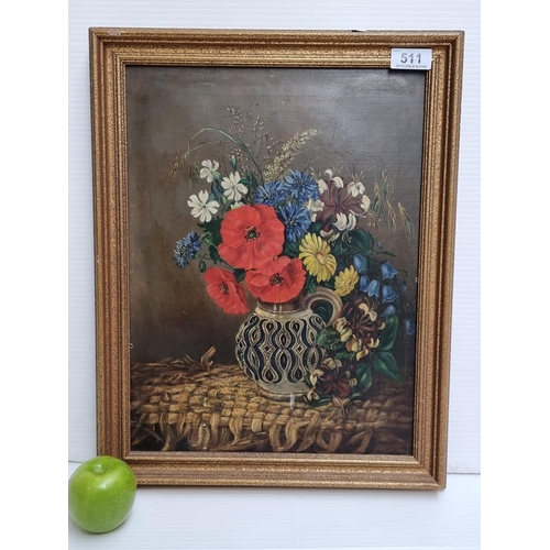 511 - Wonderful still life of flowers in ornate jug. Oil on canvas. Dated 1867 (no visible signature.) Bea... 