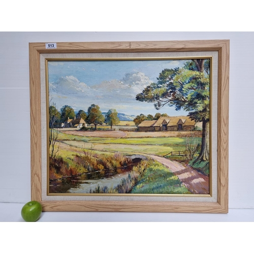 513 - Large oil on board. Depicting sunny countryside and cottages. Measures 62cm x 72 cm.