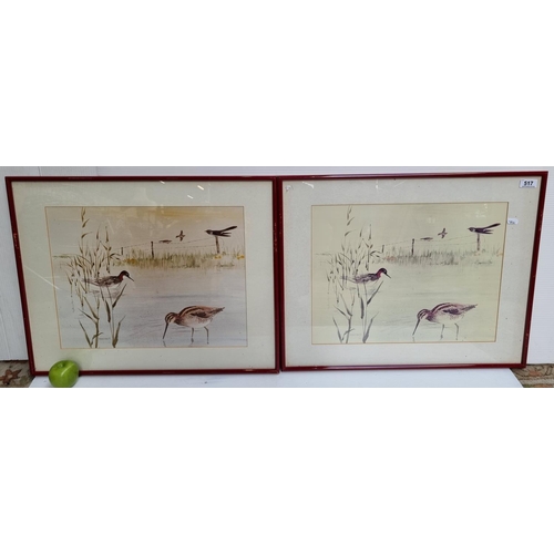 517 - Pair of good size prints of watercolour paintings depicting birds by a riverside by artist Gerrit Va... 