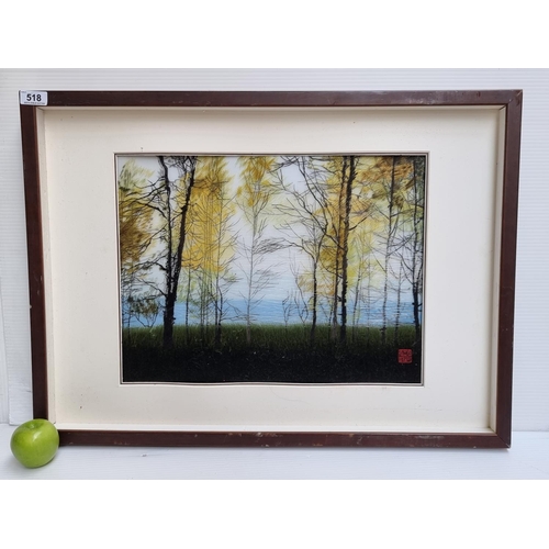 518 - Large artwork featuring embroidery on silk, portraying Chinese woodland scene. Signed bottom right. ... 