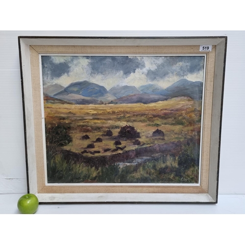 519 - Large oil on canvas artwork, featuring a peat-land  mountain scene. Signed by artist.