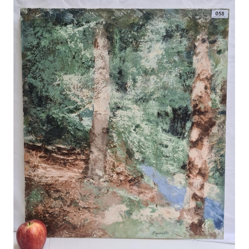58 - Oil on canvas of a woodland scene, signed Bernadette. 58cm x 551cm.