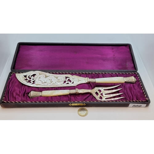 6 - Pair of 19th century fish servers with embossed detail and MOP handles, in satin fitted presentation... 