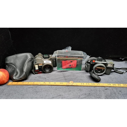 98 - Three cameras and a travel case, includes Olympus AZ-330 Superzoom, Fuji HD-M, Hanimex 35 HS compact... 