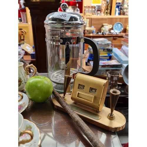 536 - Three items, including, French press (in good condition), antique riding crop, and adjustable vintag... 