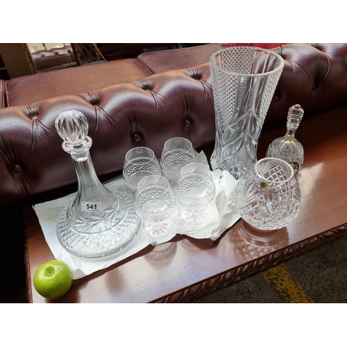 541 - Eight items including Galway Crystal decanted and four glasses, Tyrone crystal vase, crystal bell an... 